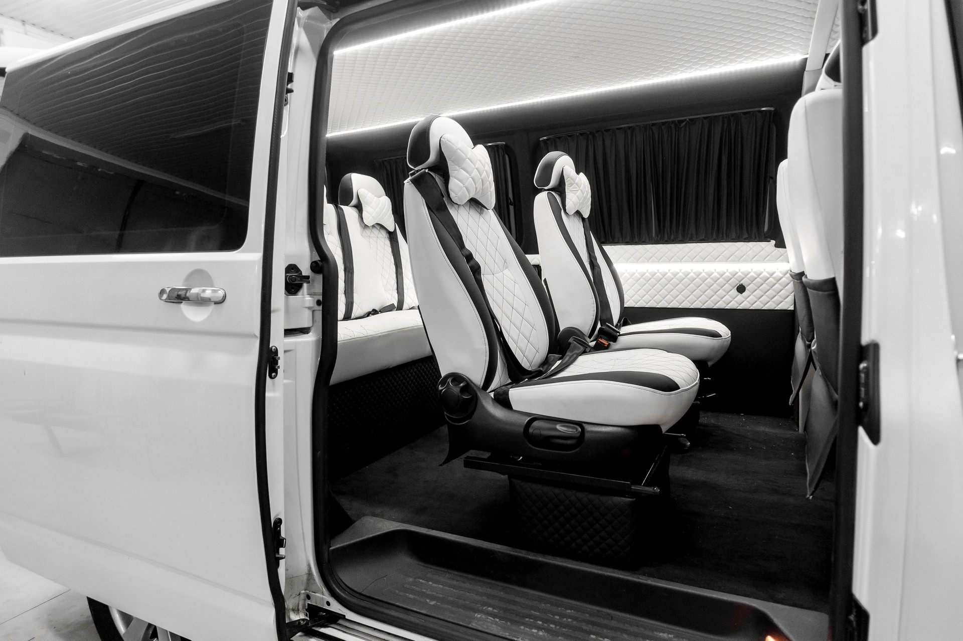 Comfortable interior of a passenger bus with soft seats